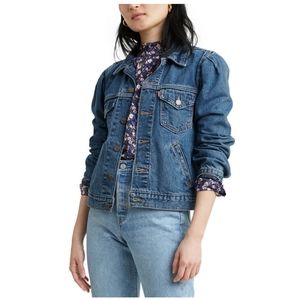 💖Levi's Puff-Sleeve Cotton Denim Trucker J…